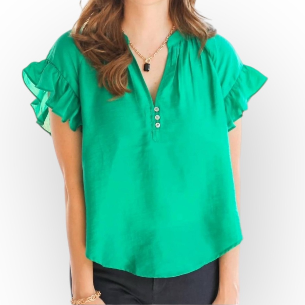 Current Air Ruffle Short Sleeve Top in Emerald Green size XS NWT